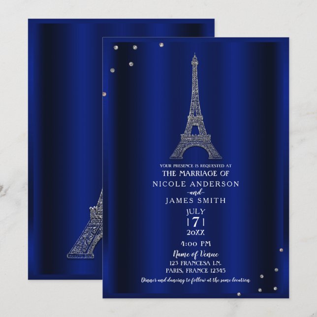Invitación Torre Eiffel Bodas París Azul Real y Plata (Anverso / Reverso)