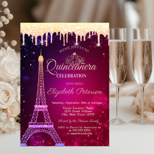Invitación Torre Eiffel Brillante Genial Tiara Gotea Quinceañ
