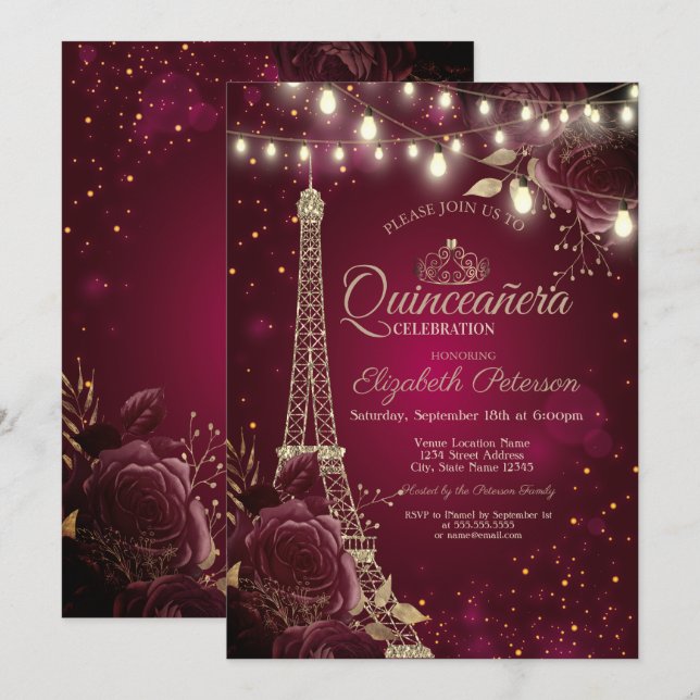 Invitación Torre Eiffel Brillante, Rosas de Borgoña Quinceañe (Anverso / Reverso)