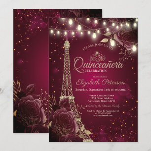 Invitación Torre Eiffel Brillante, Rosas de Borgoña Quinceañe