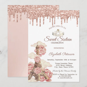 Invitación Torre Eiffel  Brillo de Rosa Dorada Dulces 16