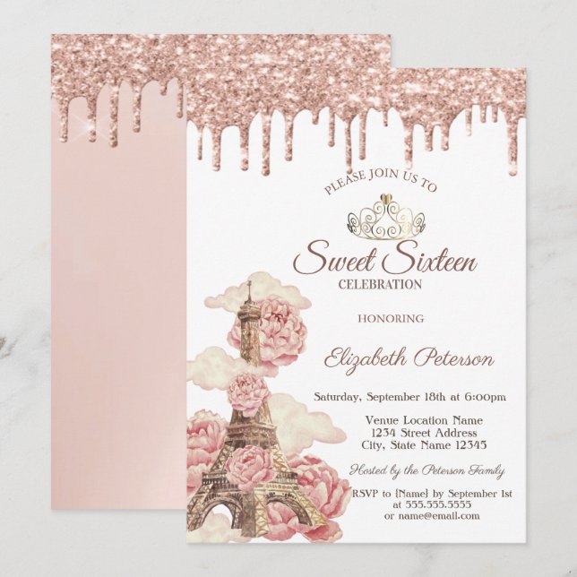 Invitación Torre Eiffel  Brillo de Rosa Dorada Dulces 16 (Anverso / Reverso)