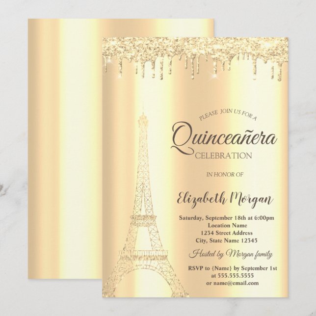Invitación Torre Eiffel brillo dorado chic, gotas Quinceañera (Anverso / Reverso)