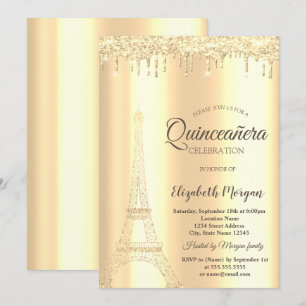 Invitación Torre Eiffel brillo dorado chic, gotas Quinceañera