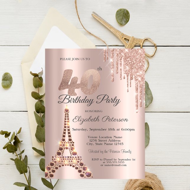 Invitación Torre Eiffel Brillo Gotea París 40 Cumpleaños  (Subido por el creador)