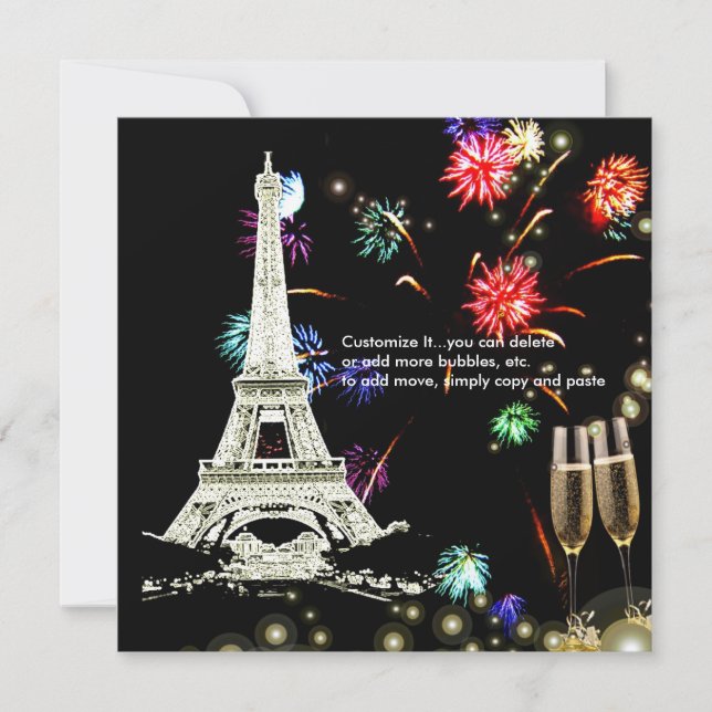 Invitación Torre Eiffel + burbujas de champán de fuegos artif (Anverso)