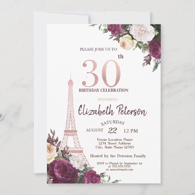 Invitación Torre Eiffel Burgundy Flores 30 cumpleaños (Anverso)