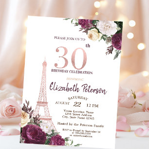 Invitación Torre Eiffel Burgundy Flores 30 cumpleaños