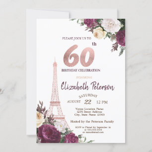 Invitación Torre Eiffel Burgundy Flores 60 cumpleaños