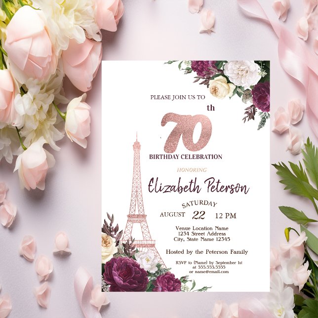 Invitación Torre Eiffel Burgundy Flores 70 cumpleaños (Subido por el creador)