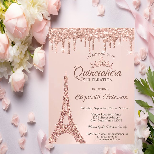 Invitación Torre Eiffel Chic, Quinceañera de gotas de oro ros (Subido por el creador)