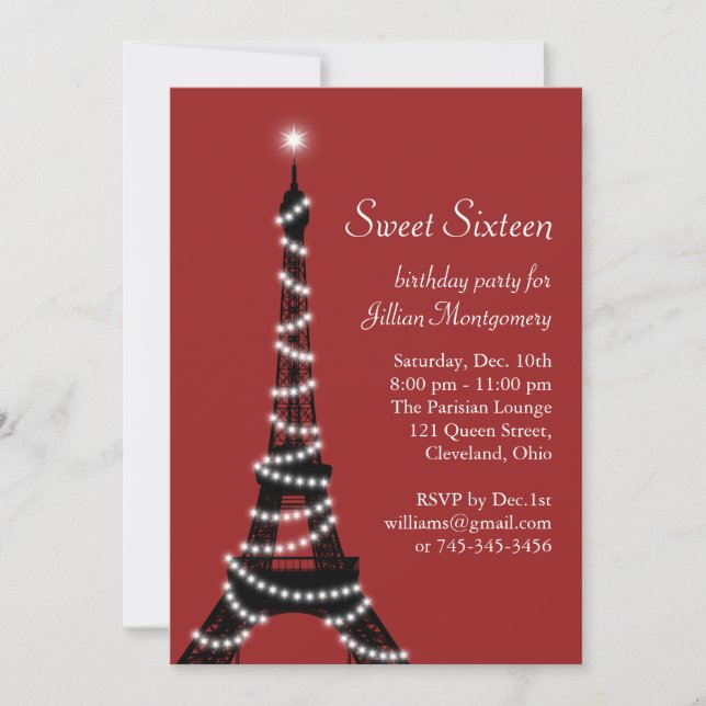 Invitación Torre Eiffel chispeante en rojo (Anverso)