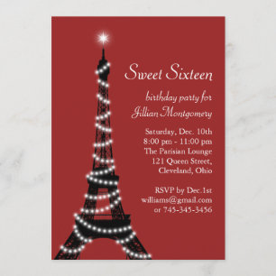 Invitación Torre Eiffel chispeante en rojo
