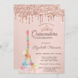 Invitación Torre Eiffel colorida, Rosa de goles de Quinceañer