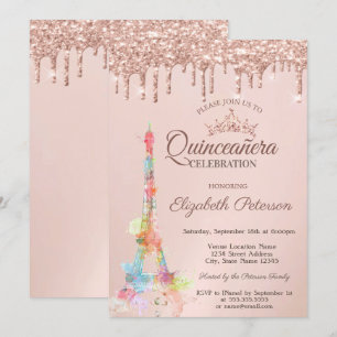 Invitación Torre Eiffel Colorida, Rosa Dorado Goteante Quince