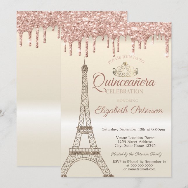 Invitación Torre Eiffel con brillo, Diadema, Goteo Quinceañer (Anverso / Reverso)