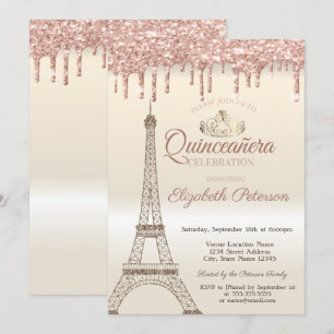 Invitación Torre Eiffel con brillo, Diadema, Goteo Quinceañer