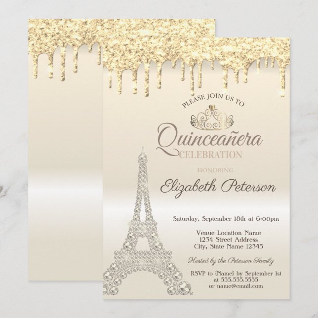 Invitación Torre Eiffel con brillo, gotas doradas Quinceañera (Anverso / Reverso)