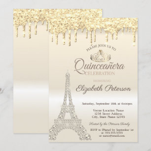 Invitación Torre Eiffel con brillo, gotas doradas Quinceañera