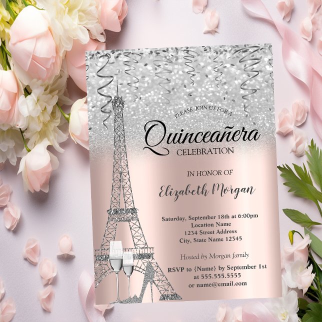 Invitación Torre Eiffel con brillo plateado, rosa dorado de v (Subido por el creador)