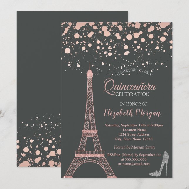 Invitación Torre Eiffel con brillo, Zapatos de tacón con luna (Anverso / Reverso)