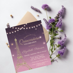 Invitación Torre Eiffel con purpurina dorada, Quinceañera de 