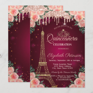 Invitación Torre Eiffel con purpurina Drips Floral Quinceañer