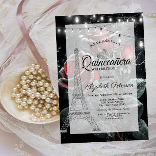 Invitación Torre Eiffel con purpurina, gotas de rosas oscuras
