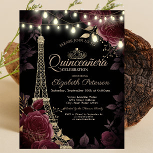 Invitación Torre Eiffel con purpurina, Quinceañera de rosas o