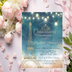 Invitación Torre Eiffel con purpurina, Tiara Acuarela Quincea