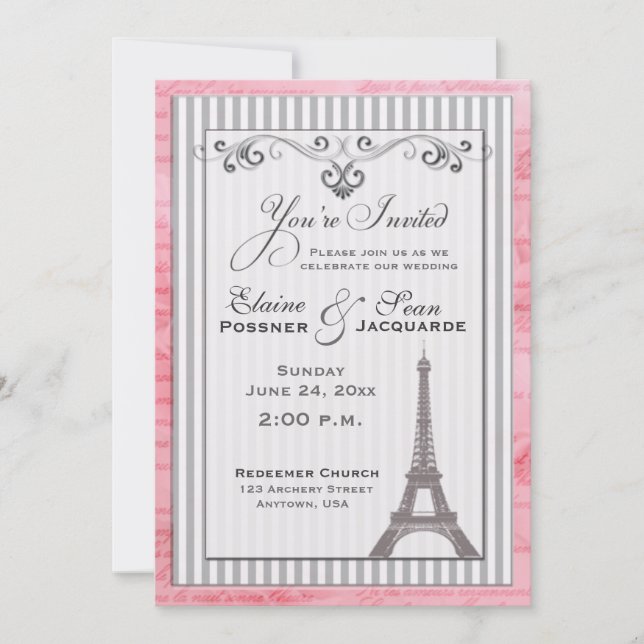 Invitación Torre Eiffel con remolinos y rayas (Anverso)