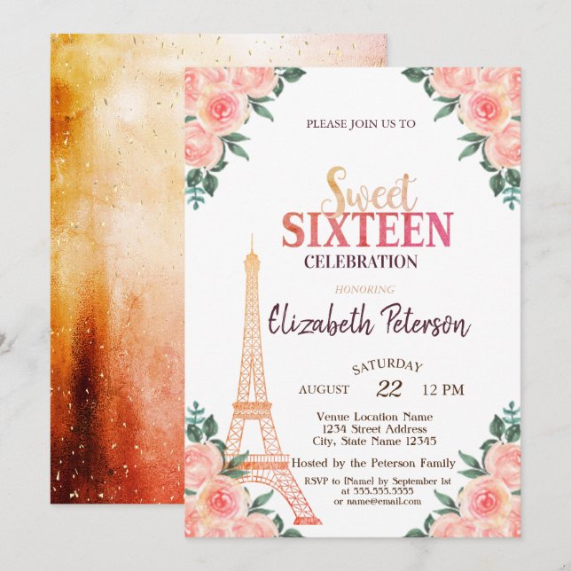 Invitación Torre Eiffel Confeti    ++++9-Flores Dulces 16 (Anverso / Reverso)
