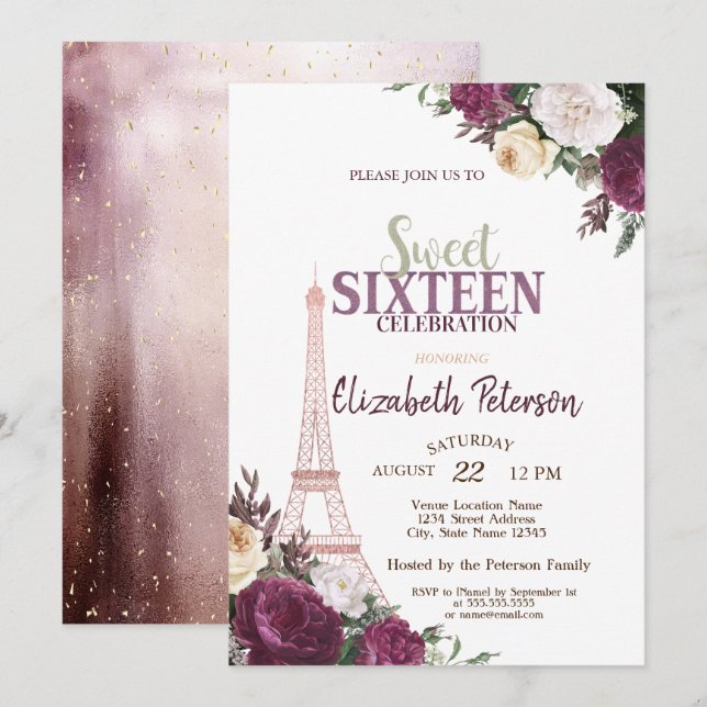 Invitación Torre Eiffel Confeti Flores Borgoña Sweet 16 (Anverso / Reverso)