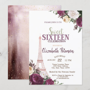 Invitación Torre Eiffel Confeti Flores Borgoña Sweet 16