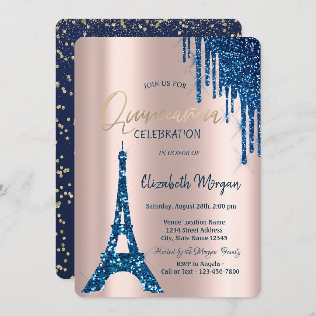Invitación Torre Eiffel Confetti Perfora la Marina Azul Quinc (Anverso / Reverso)