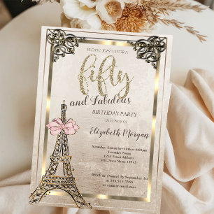 Invitación Torre Eiffel, Cumpleaños 50 con Borde de Lazo Rosa