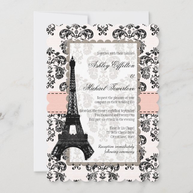 Invitación Torre Eiffel de Boda de Damasco Rosa y Negro (Anverso)