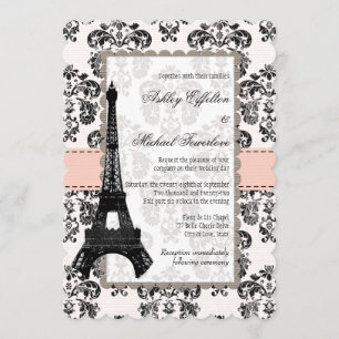 Invitación Torre Eiffel de boda de damasco rosa y negro