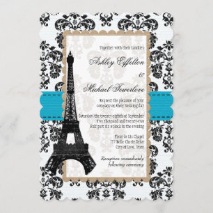 Invitación Torre Eiffel de boda de damasco turquesa y negro