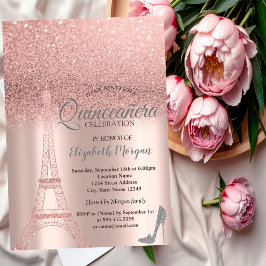 Invitación Torre Eiffel de brillo en rosa dorado, Tacones Qui