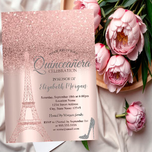 Invitación Torre Eiffel de brillo en rosa dorado, Tacones Qui