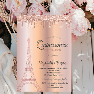 Invitación Torre Eiffel de brillo en rosa oro, Quinceañera co