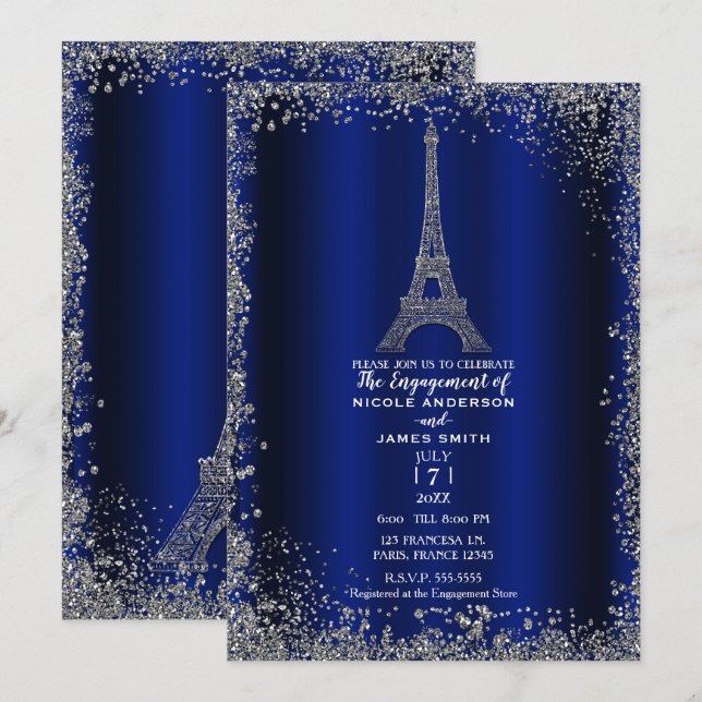 Invitación Torre Eiffel de compromiso con brillo plateado azu (Anverso / Reverso)