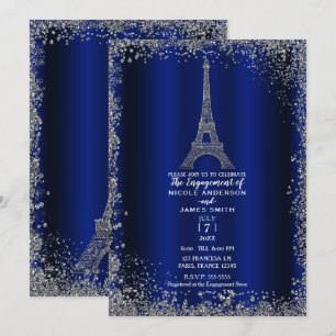 Invitación Torre Eiffel de compromiso con brillo plateado azu