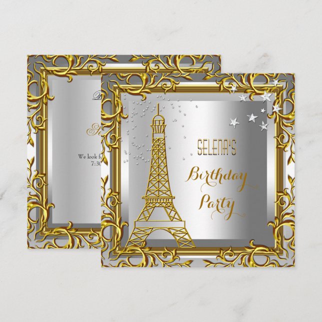 Invitación Torre Eiffel de cumpleaños en oro blanco y plata (Anverso / Reverso)
