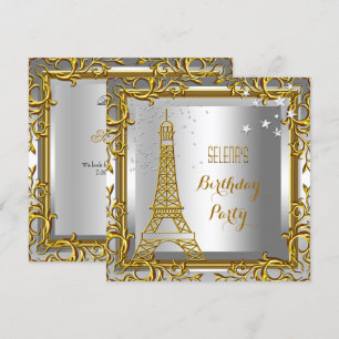 Invitación Torre Eiffel de cumpleaños en oro blanco y plata