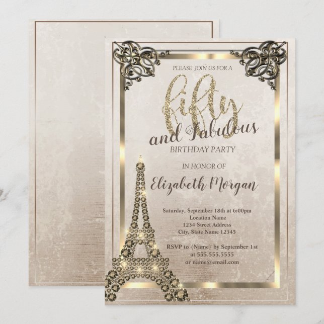 Invitación Torre Eiffel de Diamantes, Fiesta de cumpleaños nú (Anverso / Reverso)