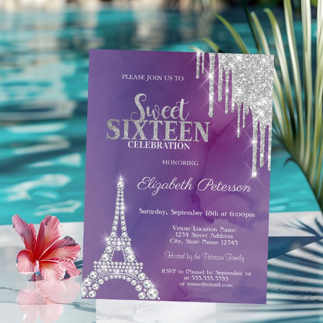 Invitación Torre Eiffel de gotas de brillo plateado Violeta S (Subido por el creador)