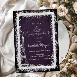 Invitación Torre Eiffel de Marco de Plata Quinceañera Morado 