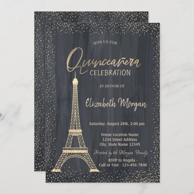 Invitación Torre Eiffel de Oro Confetti Quinceanera (Anverso / Reverso)